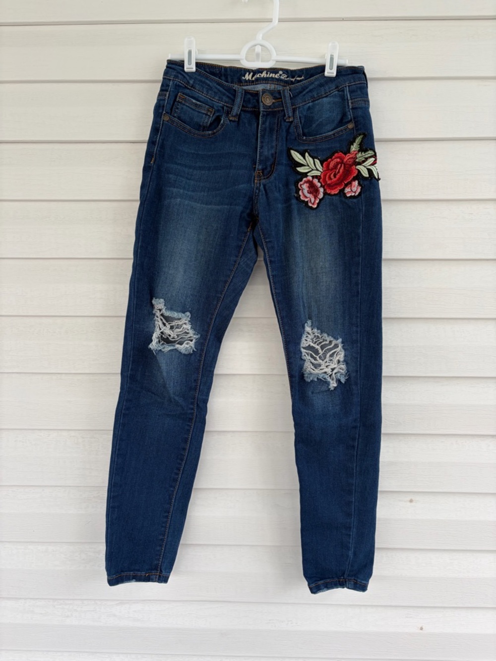 Machine Dark Blue Skinny Jeans Floral Embroidery Y2K Boho Denim